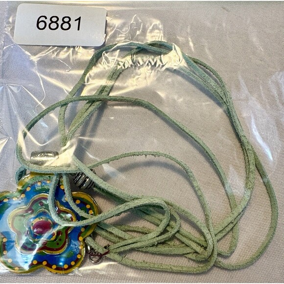 Colorful Enamel Flower Pendant Necklace on Green Cord Boho Retro Festival Jewelr - Picture 9 of 9